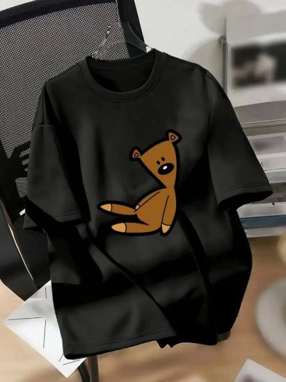 Baskılı Oversize Bisiklet Yaka T-shirt - Siyah resmi